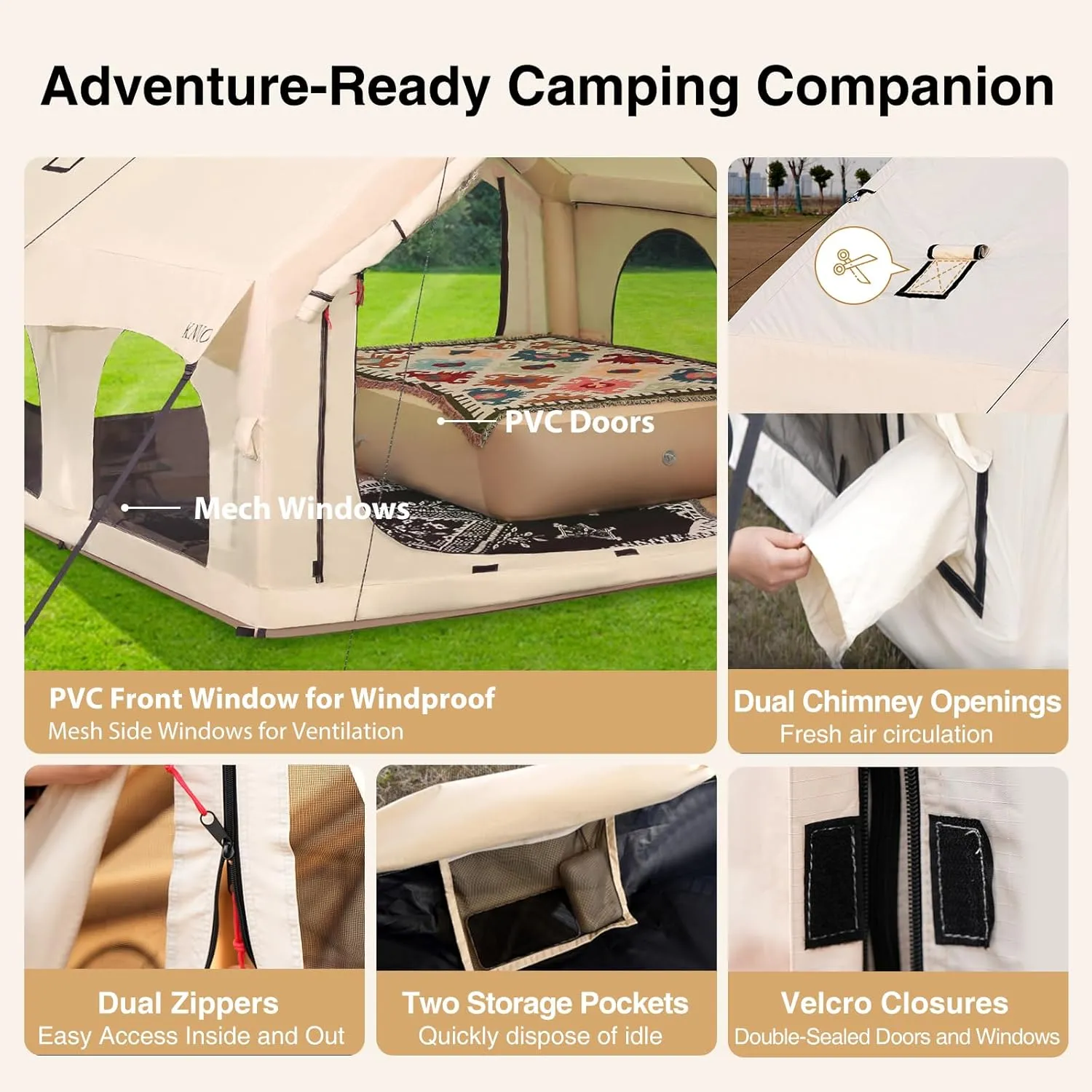2025 Upgraded 100% Waterproof Inflatable Camping Tent, Large Blow-Up Air Tent, No Assembly Needed Luxury Glamping House, Oxford Fabric