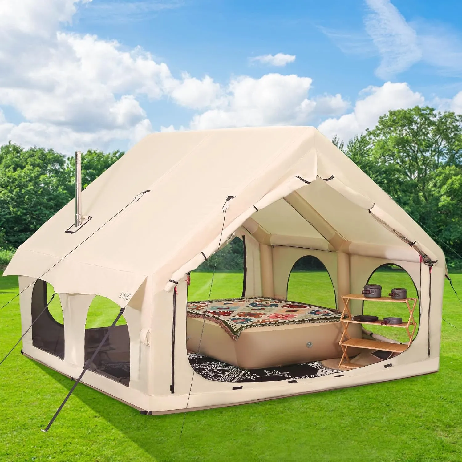 2025 Upgraded 100% Waterproof Inflatable Camping Tent, Large Blow-Up Air Tent, No Assembly Needed Luxury Glamping House, Oxford Fabric