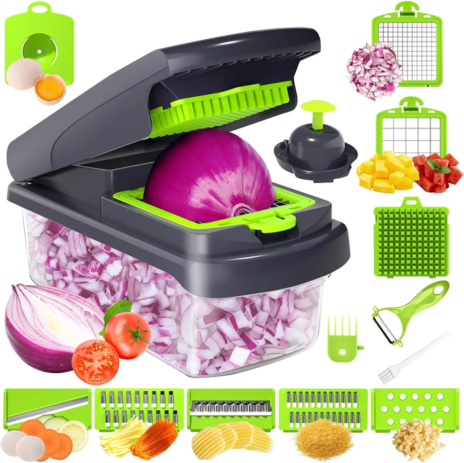 2025 UPGRADE,Vegetable Chopper Pro,BPA Free Veggie Chopper with Container & Lid,14-in-1 Multifunctional Salad Cutter,Onion Dicer,Cucumber Slicer & Egg Separator,Kitchen Gadget with Safety Guard,Green
