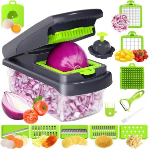 2025 UPGRADE,Vegetable Chopper Pro,BPA Free Veggie Chopper with Container & Lid,14-in-1 Multifunctional Salad Cutter,Onion Dicer,Cucumber Slicer & Egg Separator,Kitchen Gadget with Safety Guard,Green