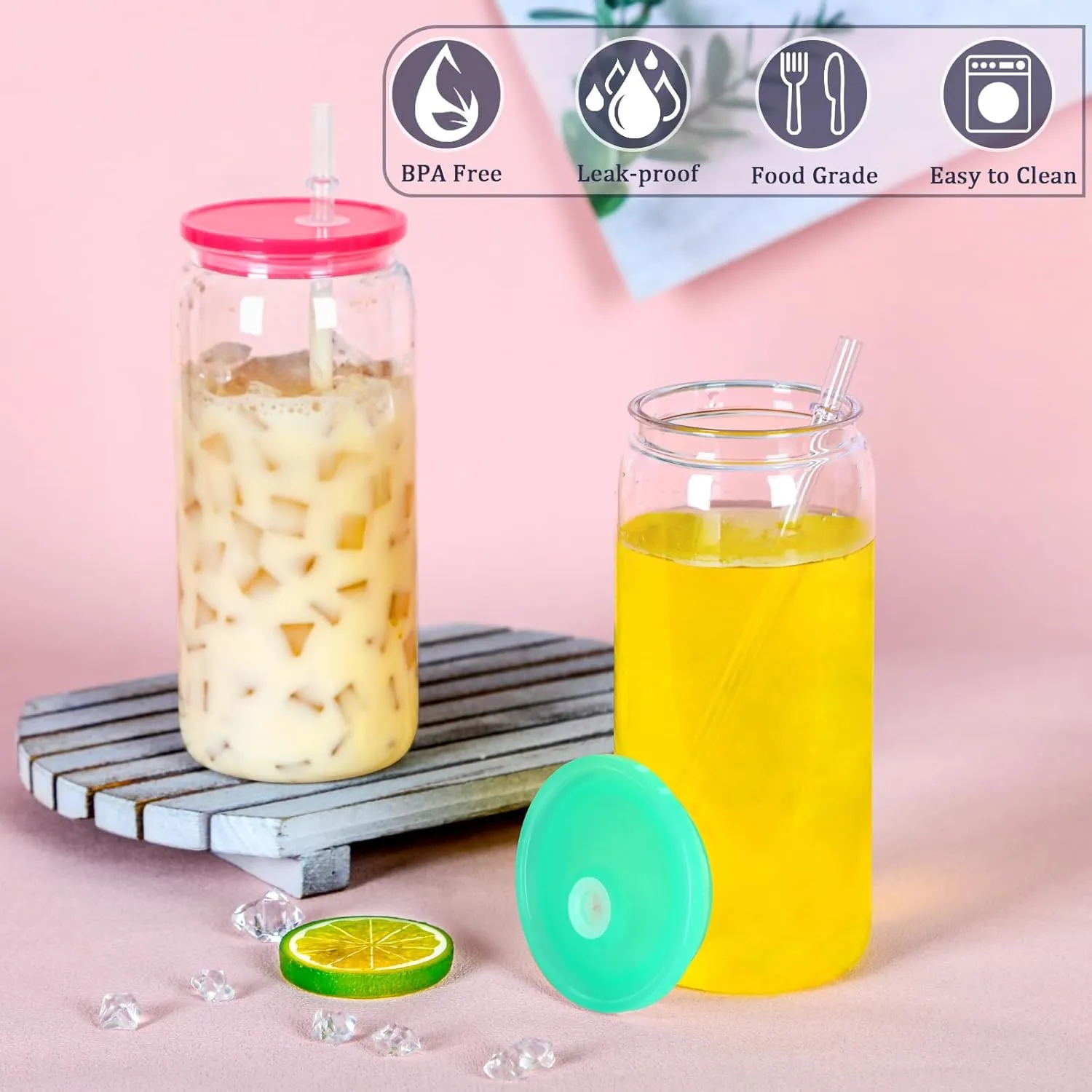 20oz Plastic Beer Can Tumbler, Acrylic Can Cup with Colorful Lids, Straw, Clear Mason Drinking Jars Cups for Milk Juice Beer Coffee Tea Beverage