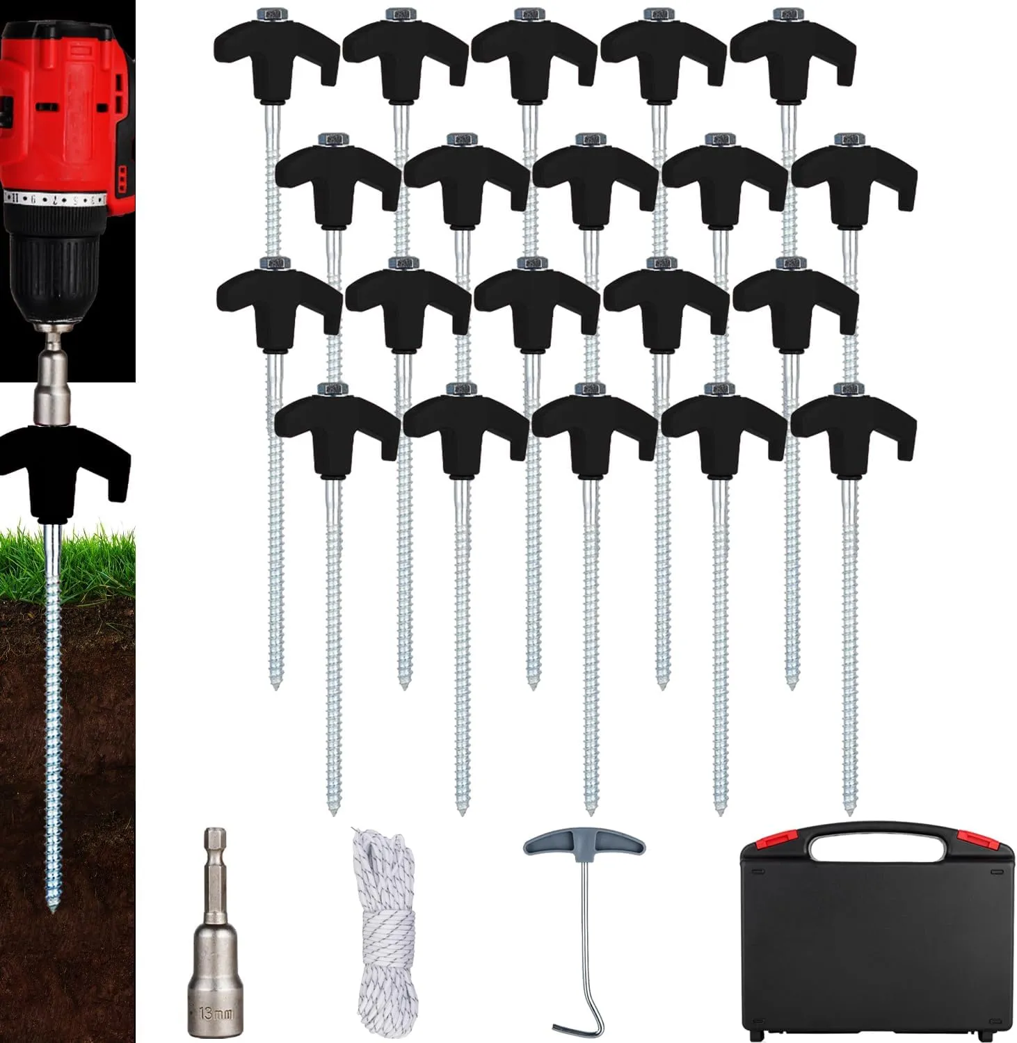 20PCS Screw in Tent Stakes Heavy Duty,8 Inch Screw in Tent Pegs,Metal Camping Stakes,with Hex Head Driver,Nail Lifter,Ropes,Camping Tent Accessories,Black