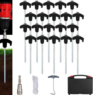 20PCS Screw in Tent Stakes Heavy Duty,8 Inch Screw in Tent Pegs,Metal Camping Stakes,with Hex Head Driver,Nail Lifter,Ropes,Camping Tent Accessories,Black