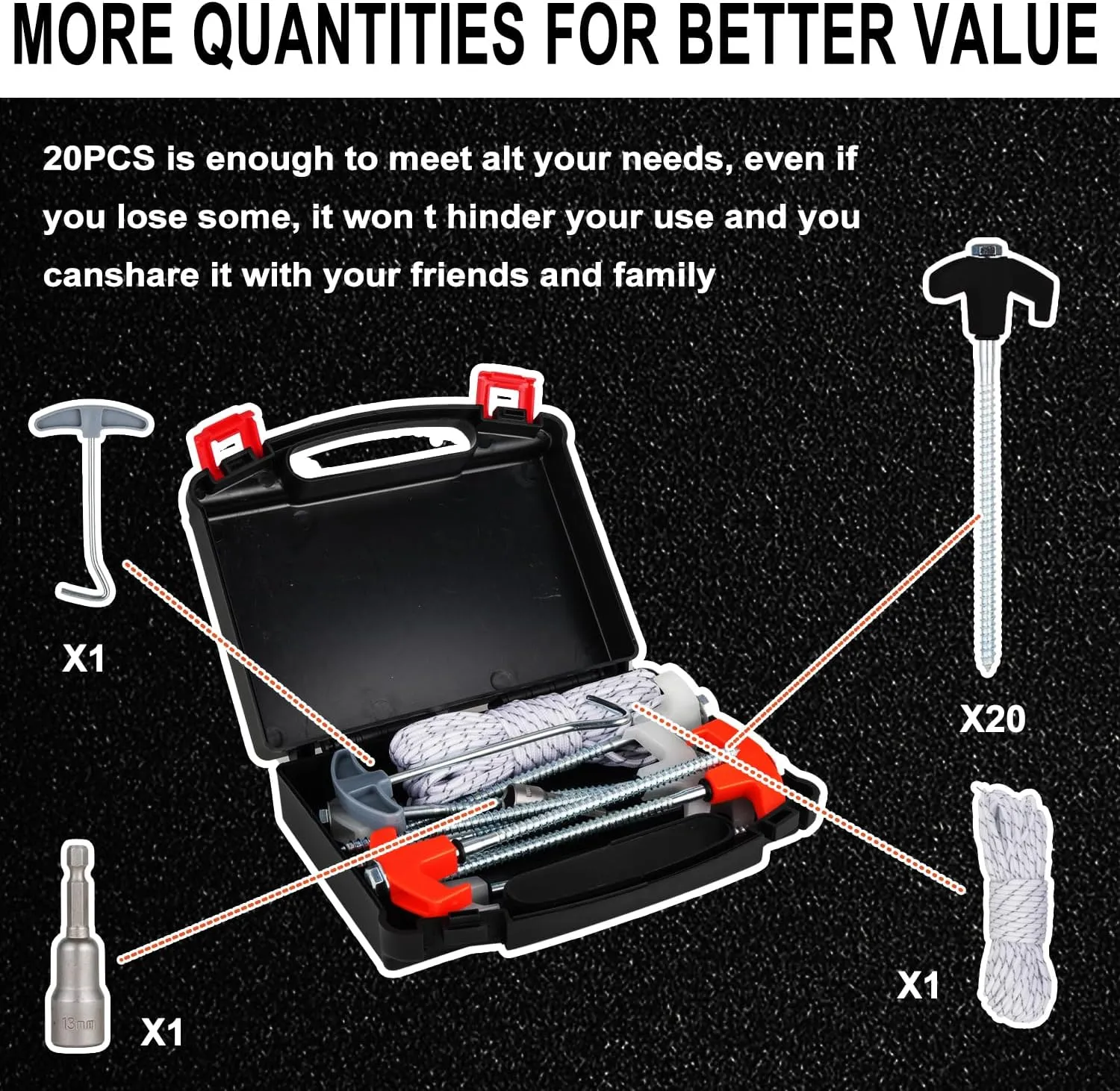 20PCS Screw in Tent Stakes Heavy Duty,8 Inch Screw in Tent Pegs,Metal Camping Stakes,with Hex Head Driver,Nail Lifter,Ropes,Camping Tent Accessories,Black