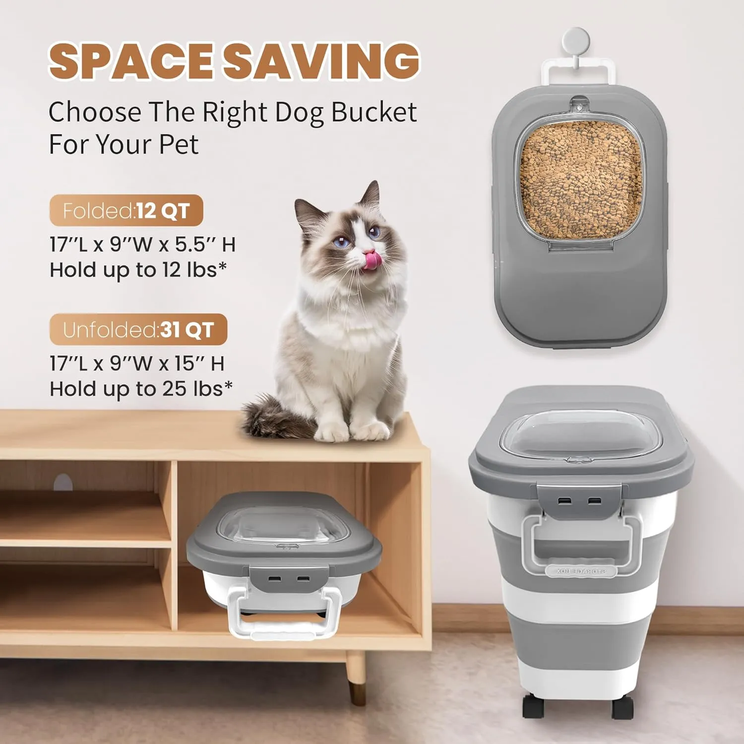 23-25 Lbs Airtight Dog Food Storage Container,Collapsible Dog Food Container with Lid,Wheels,Handle,Large Pet food storage Container with Scoop,Small Food Container for Dog Cat