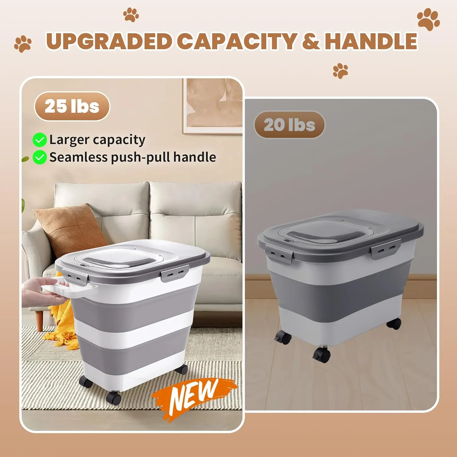 23-25 Lbs Airtight Dog Food Storage Container,Collapsible Dog Food Container with Lid,Wheels,Handle,Large Pet food storage Container with Scoop,Small Food Container for Dog Cat
