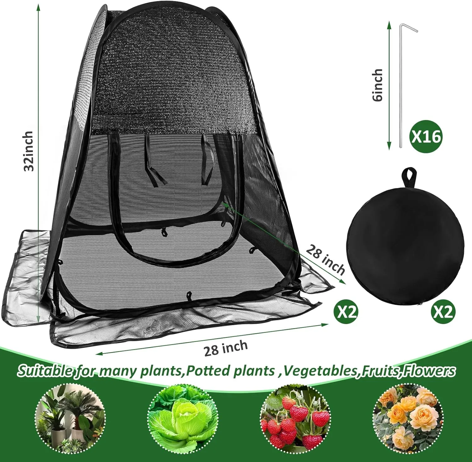 2pack Pop up Plant Shade Tent, Plant Shades for Outdoor Plants Mesh Plant Cover with 8 Stakes Pop up Sunblock Shade with Zipper Door Pest Guard Cover Protect Outdoor Plants from Animals(28x28x32in)