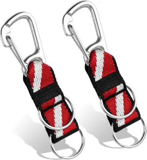 2Pack Scuba Split Ring Connector with Clips, 316 Stainless Steel Carabineer Keeper and Dual Split-Rings with Dive Flag Webbing Strap for Diving Flashlight, Whistle, Gauge, Camera to BCD Attachment
