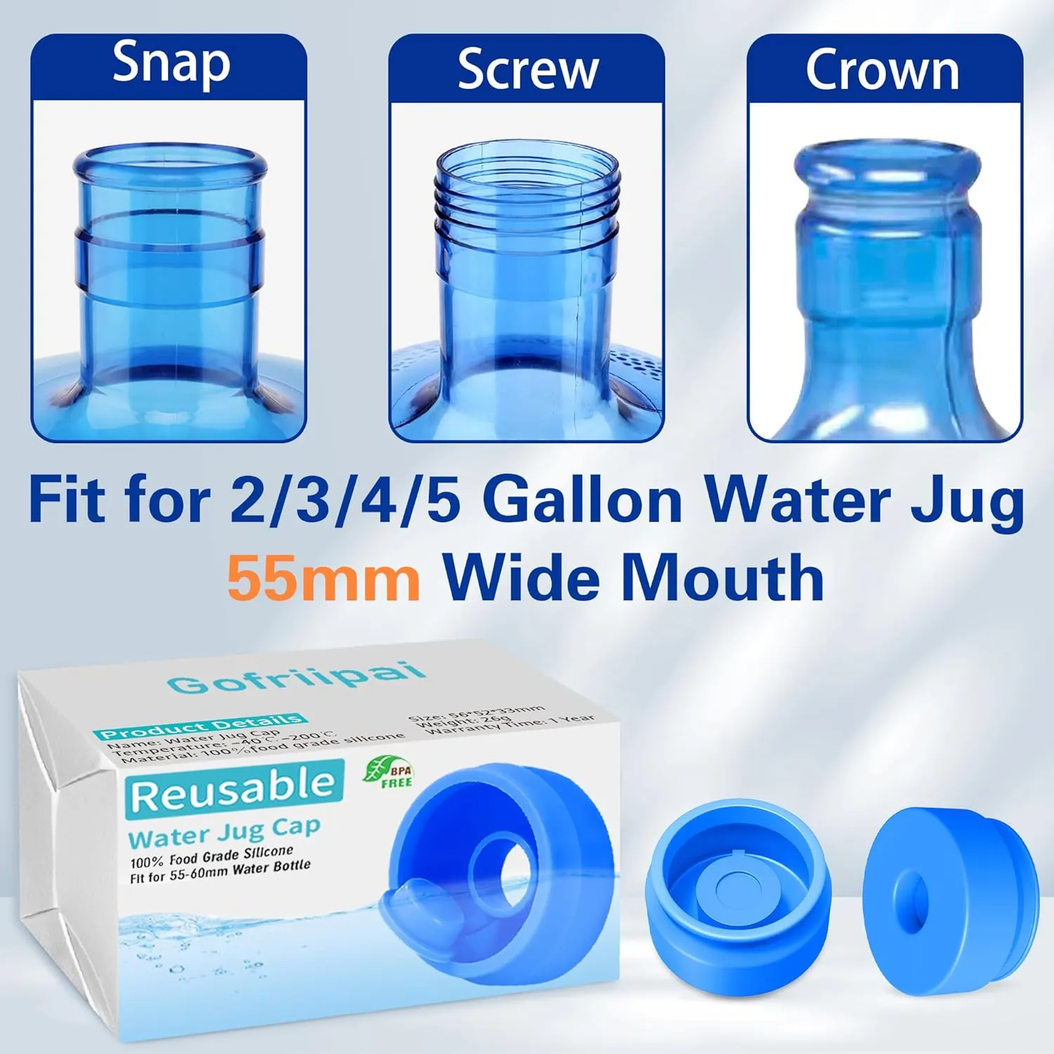 3 and 5 Gallon Water Jug Cap, Silicone Reusable Replacement Cap, Non Spill Bottle Caps for 55mm Bottle Water Dispenser Caps - Pack of 10