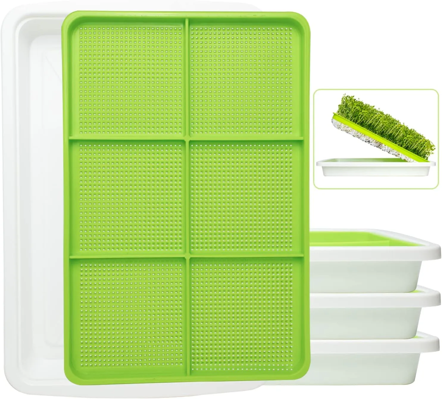 3-Pack Seed Sprouter Tray BPA Free PP Soil-Free Big Capacity Healthy Wheatgrass Grower Sprouting Container Kit (3Packs,Green Mesh Tray with 6 Zone,White Bottom Tray)