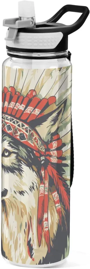 30 oz Wolf Western Cowboy Indian Tribal Headdress Green Sport Water Bottles Tritan In BPA Free non toxic Water Jug with Straw for Unique Travelling Collapsible