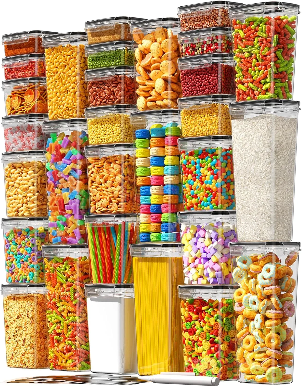30 Pack Airtight Food Storage Containers with Lids, Kitchen Pantry Organizers and Storage, BPA-Free Plastic Food Canisters for Cereal, Flour, Sugar, Pasta, Dry Food, Include Labels & Marker