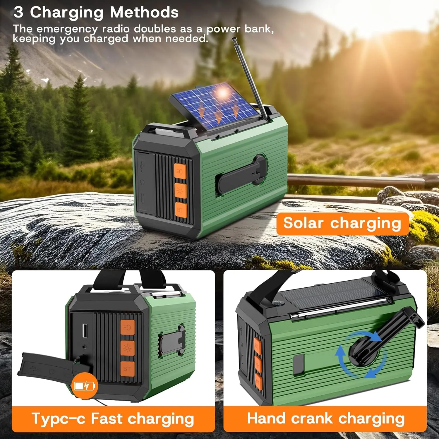 30000mAh Emergency Weather Radio, AM/FM/NOAA Hand Crank Radio with Wireless Speaker, Solar & Hand Crank Power, Built-in Flashlight, SOS Alarm, 15W Fast Charge