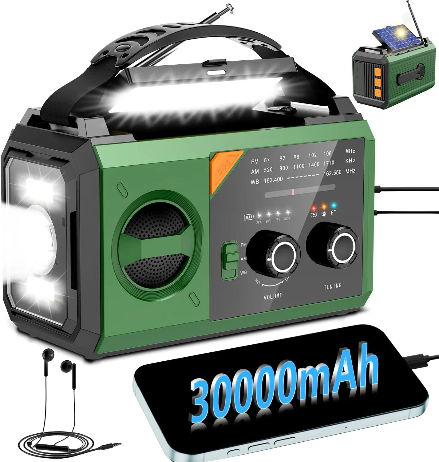 30000mAh Emergency Weather Radio, AM/FM/NOAA Hand Crank Radio with Wireless Speaker, Solar & Hand Crank Power, Built-in Flashlight, SOS Alarm, 15W Fast Charge