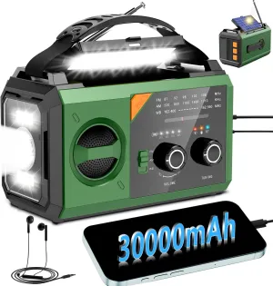 30000mAh Emergency Weather Radio, AM/FM/NOAA Hand Crank Radio with Wireless Speaker, Solar & Hand Crank Power, Built-in Flashlight, SOS Alarm, 15W Fast Charge
