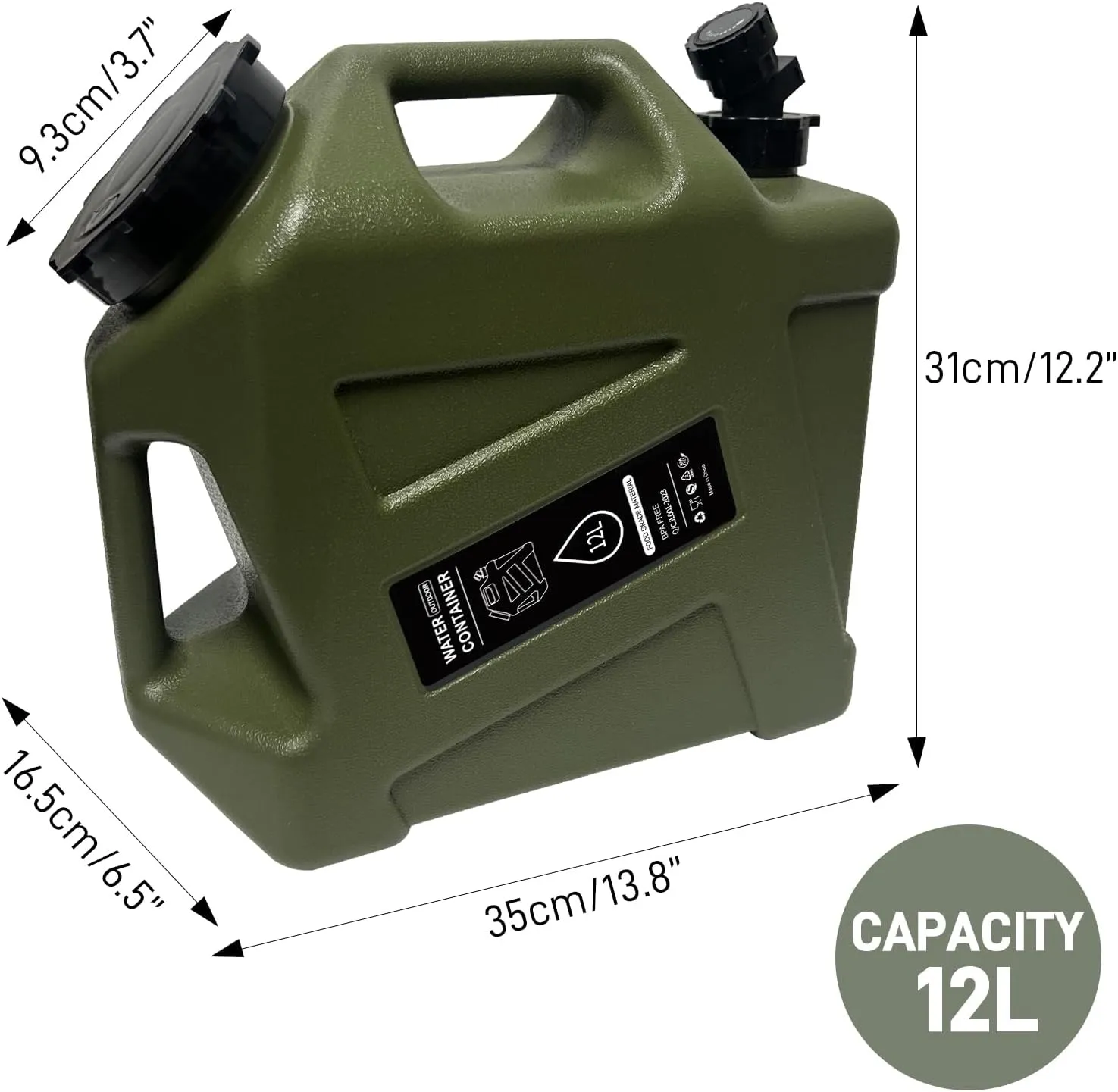 3.2 Gallon Camping Water Container with Spigot, Portable Water Jug BPA Free Water Tank, Military Green Emergency Water Storage Can for Outdoor Hiking Camping Picnic RV (12L)