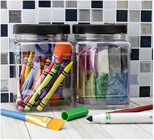 32-Ounce Square Plastic Jars (4-Pack); Clear Rectangular 4-Cup Canisters w/Black Lids, Easy-Grip Side