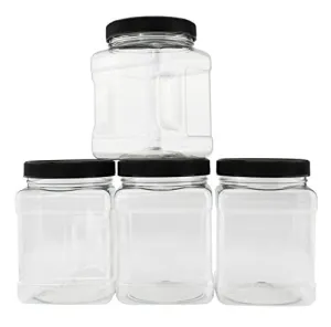 32-Ounce Square Plastic Jars (4-Pack); Clear Rectangular 4-Cup Canisters w/Black Lids, Easy-Grip Side