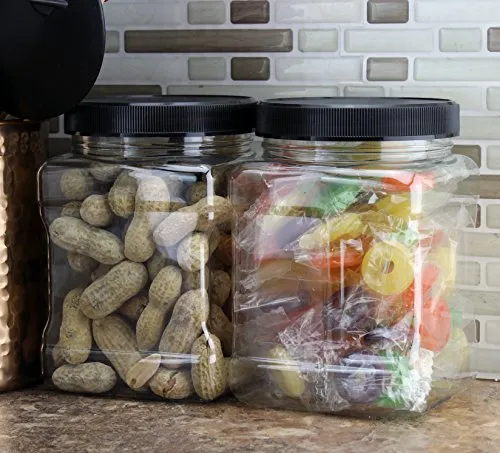 32-Ounce Square Plastic Jars (4-Pack); Clear Rectangular 4-Cup Canisters w/Black Lids, Easy-Grip Side