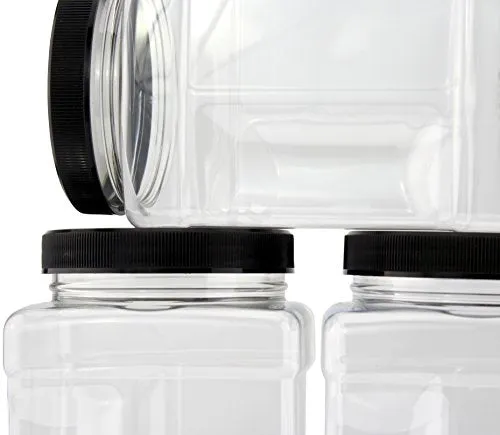 32-Ounce Square Plastic Jars (4-Pack); Clear Rectangular 4-Cup Canisters w/Black Lids, Easy-Grip Side