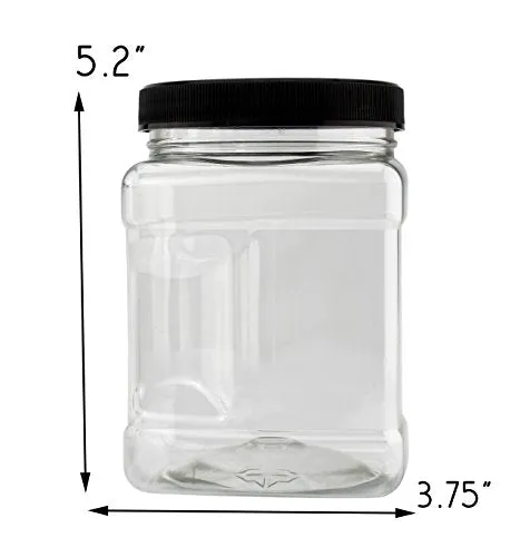 32-Ounce Square Plastic Jars (4-Pack); Clear Rectangular 4-Cup Canisters w/Black Lids, Easy-Grip Side
