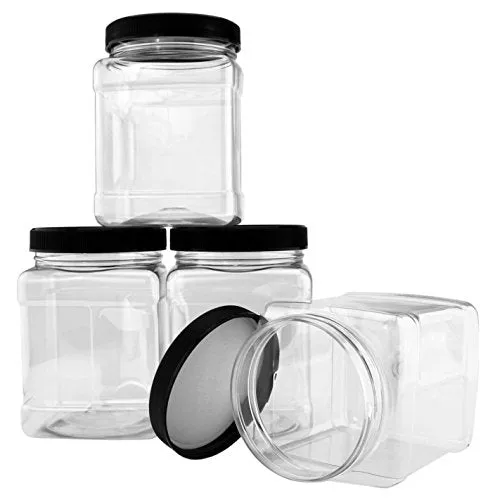 32-Ounce Square Plastic Jars (4-Pack); Clear Rectangular 4-Cup Canisters w/Black Lids, Easy-Grip Side