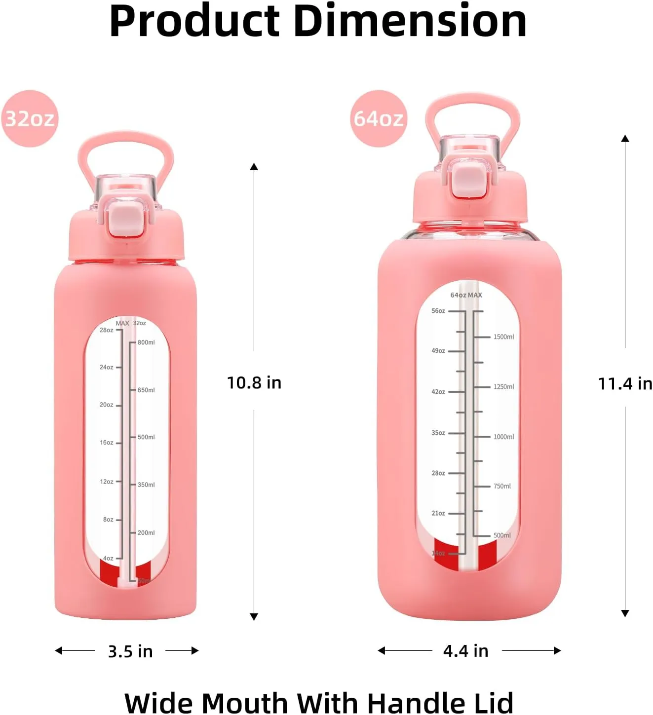 32 oz Glass Water Bolttles with Straw Large Motivational Water Bottle with Time Marker Sports Water Bottles with Silicone Sleeve and Handle Lid Water Jug for Gym Workout