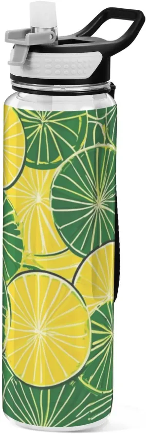 32oz Lemon Slices Yellow Green Water Bottles Wide Mouth Tritan BPA Free Leakproof non toxic Jugs for Drinking for Camping Collapsible