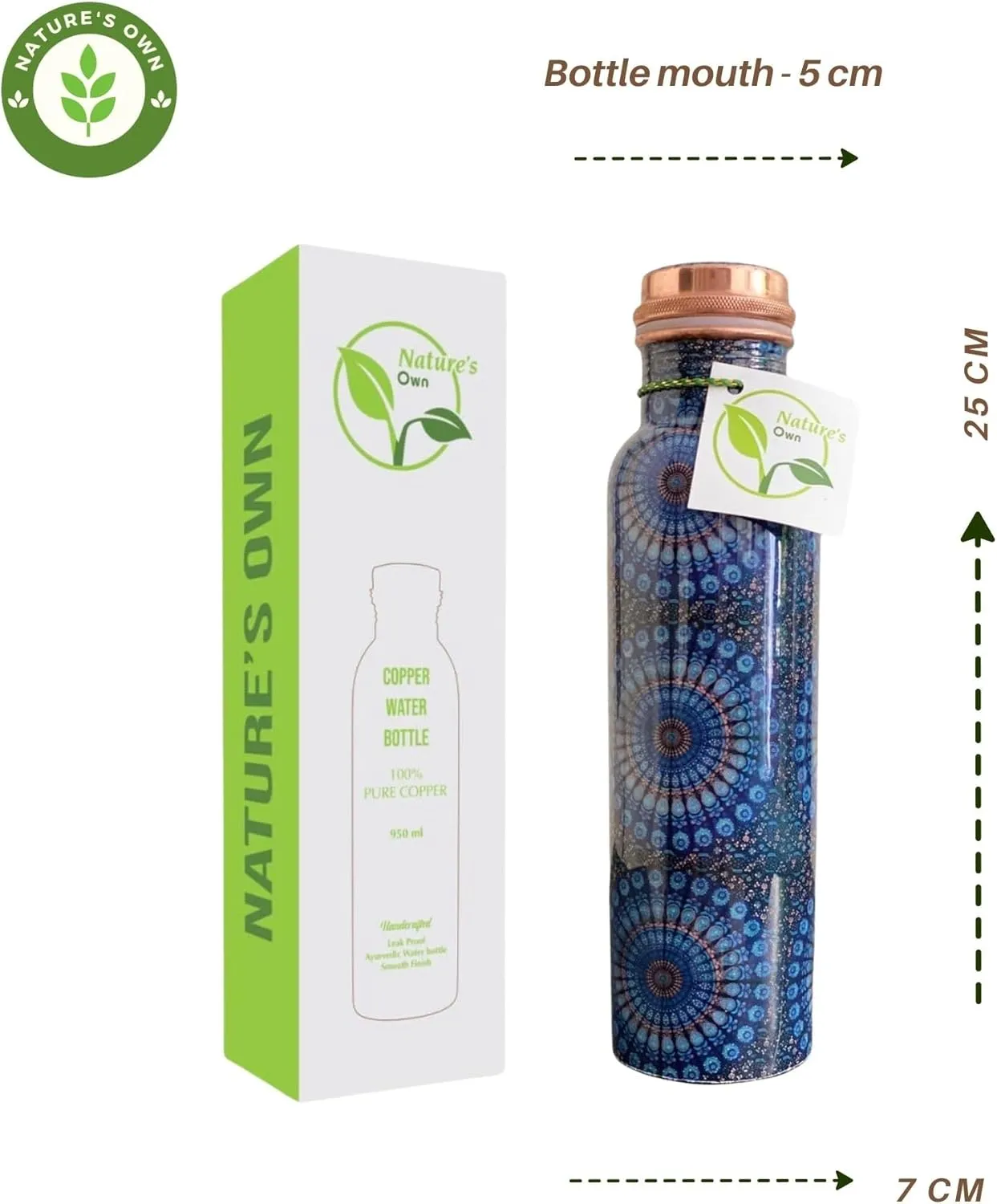 34oz Pure Copper Water Bottle for Drinking – Large Handcrafted Ayurvedic Copper Water Bottle, Leak Proof Lid – Smooth Finish Copper Bottle Water Vessel – 100 Copper Drinking Water Bottle 34 Oz