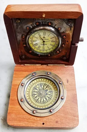 3.5 Inch Handmade Wooden Brass Compass | with Clock Authentic Vintage Maritime & Nautical Compass | Collectible Gift Replica Watch Hiking Travelling Use
