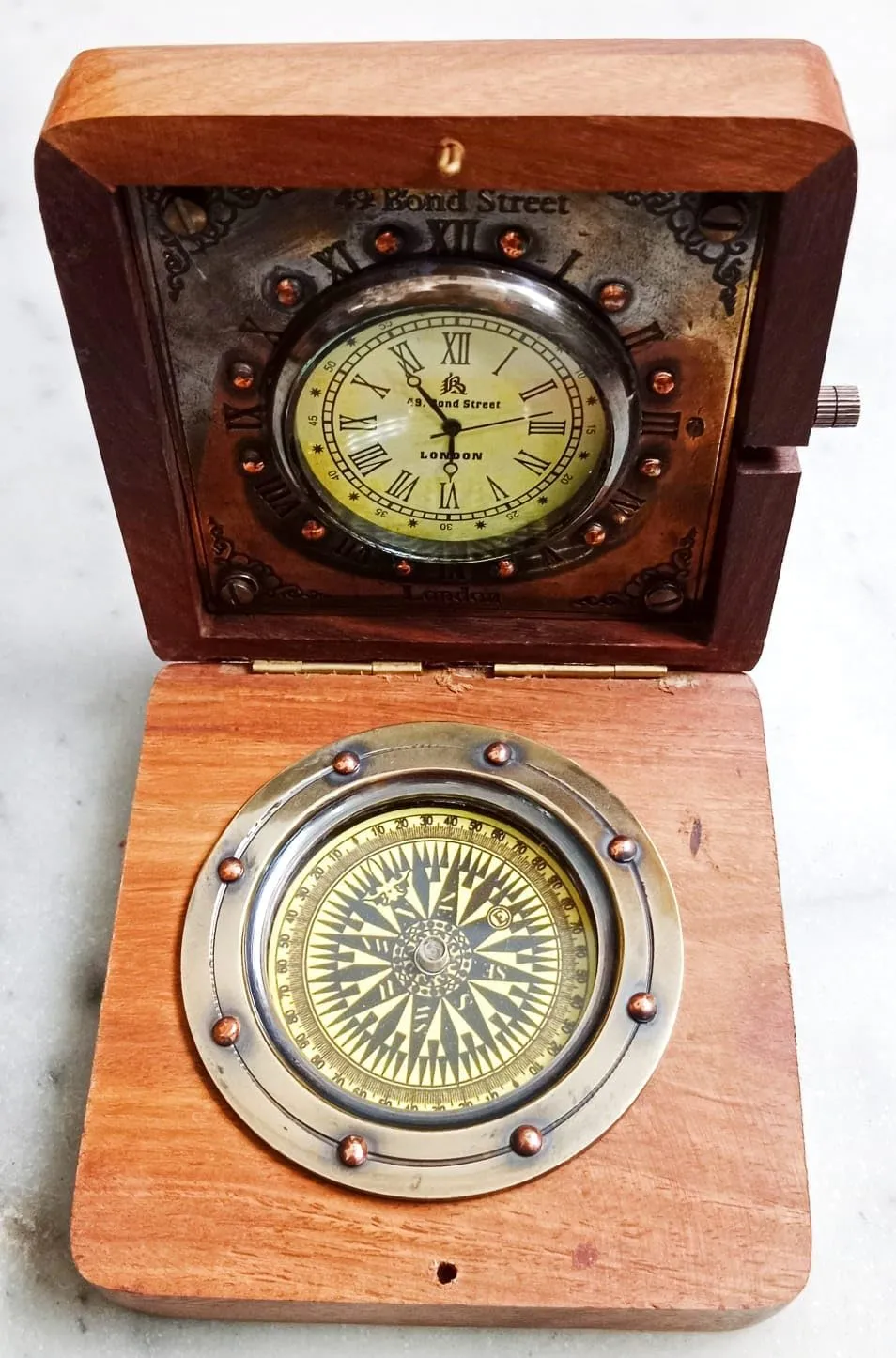 3.5 Inch Handmade Wooden Brass Compass | with Clock Authentic Vintage Maritime & Nautical Compass | Collectible Gift Replica Watch Hiking Travelling Use