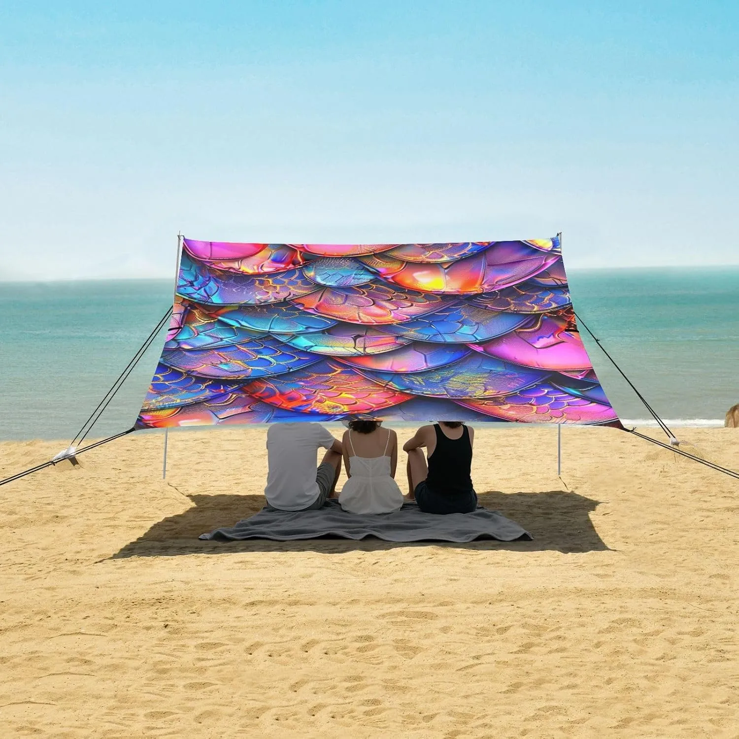 3D Dragon Scales Beach Canopy Tent Anti-UV & Wind Resistant, Colorful Camping Sun Shelter Easy Setup Portable,Outdoor Shade Tents with Sandbags,Sand Shovels,Ground Pegs & Stability Poles