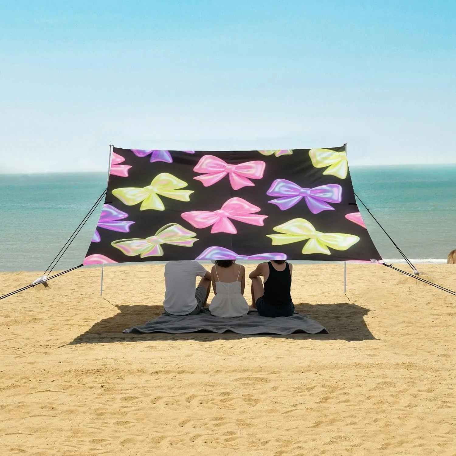 3D Luminous Bows Colorful Beach Canopy Tent Anti-UV & Wind Resistant, Camping Sun Shelter Easy Setup Portable,Outdoor Shade Tents with Sandbags,Sand Shovels,Ground Pegs & Stability Poles