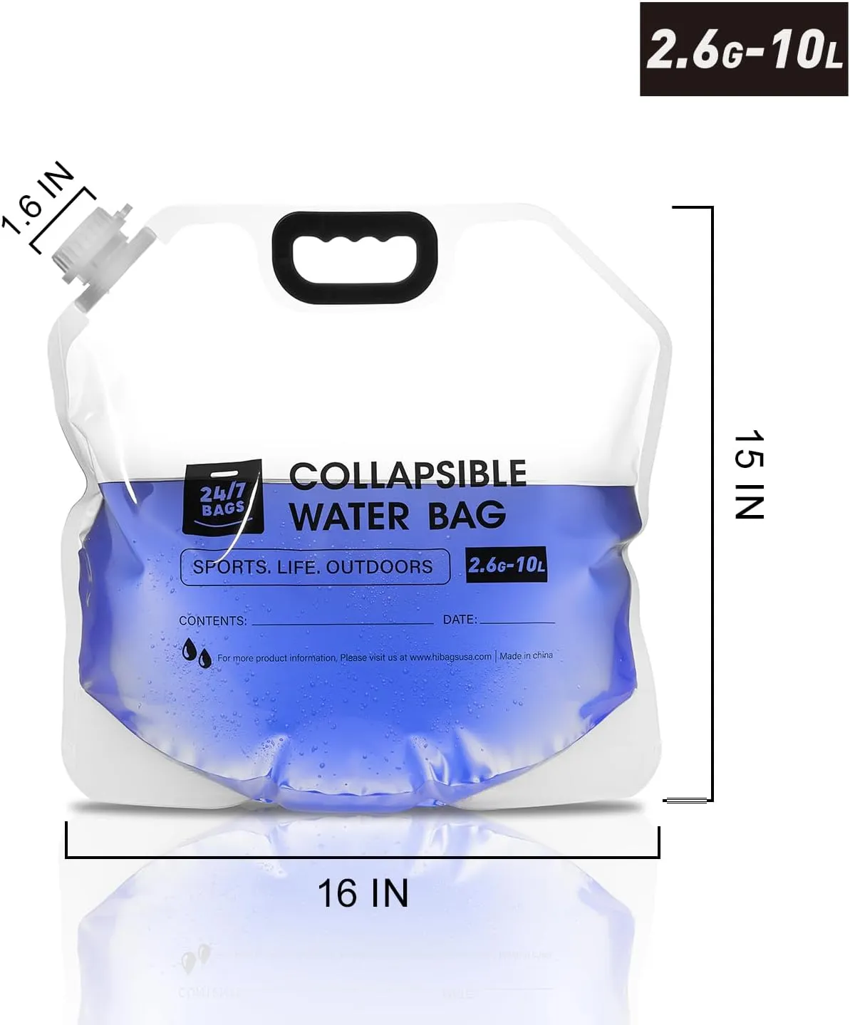 4 Pack Collapsible Water Container Bag 2.6 Gallon/10 Liter, Heavy Duty with Carry Handles, Hikes, Trips, Weather Emergencies, and More, Foldable Water Bag