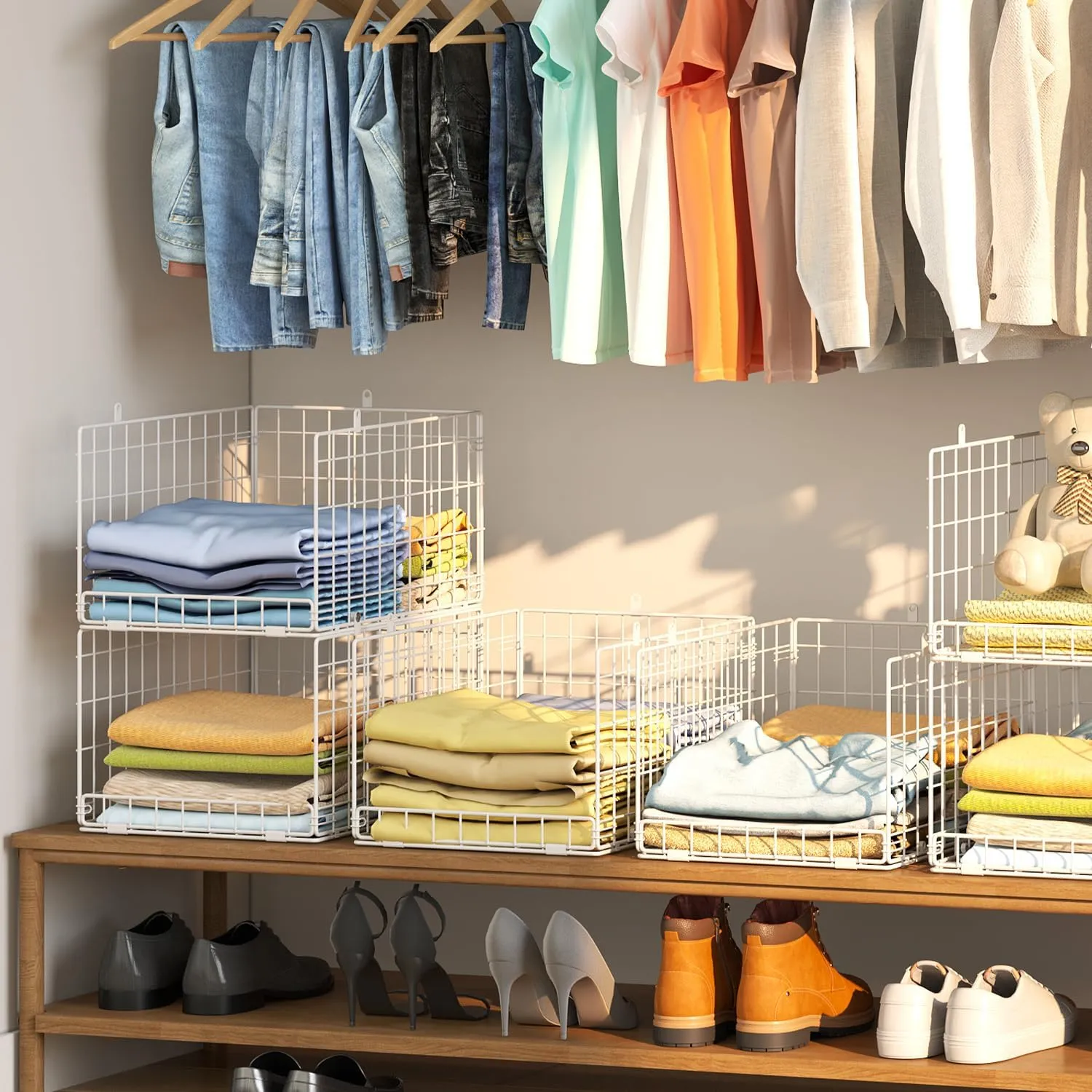 4 Tier Closet Organizers and Storage Shelves, Collapsible Stackable Storage Drawers Organizer Shelf Bins Baskets Containers for Truck Camper RV Closet Cupboard Wardrobe,Narrow, Sturdy Metal Frame