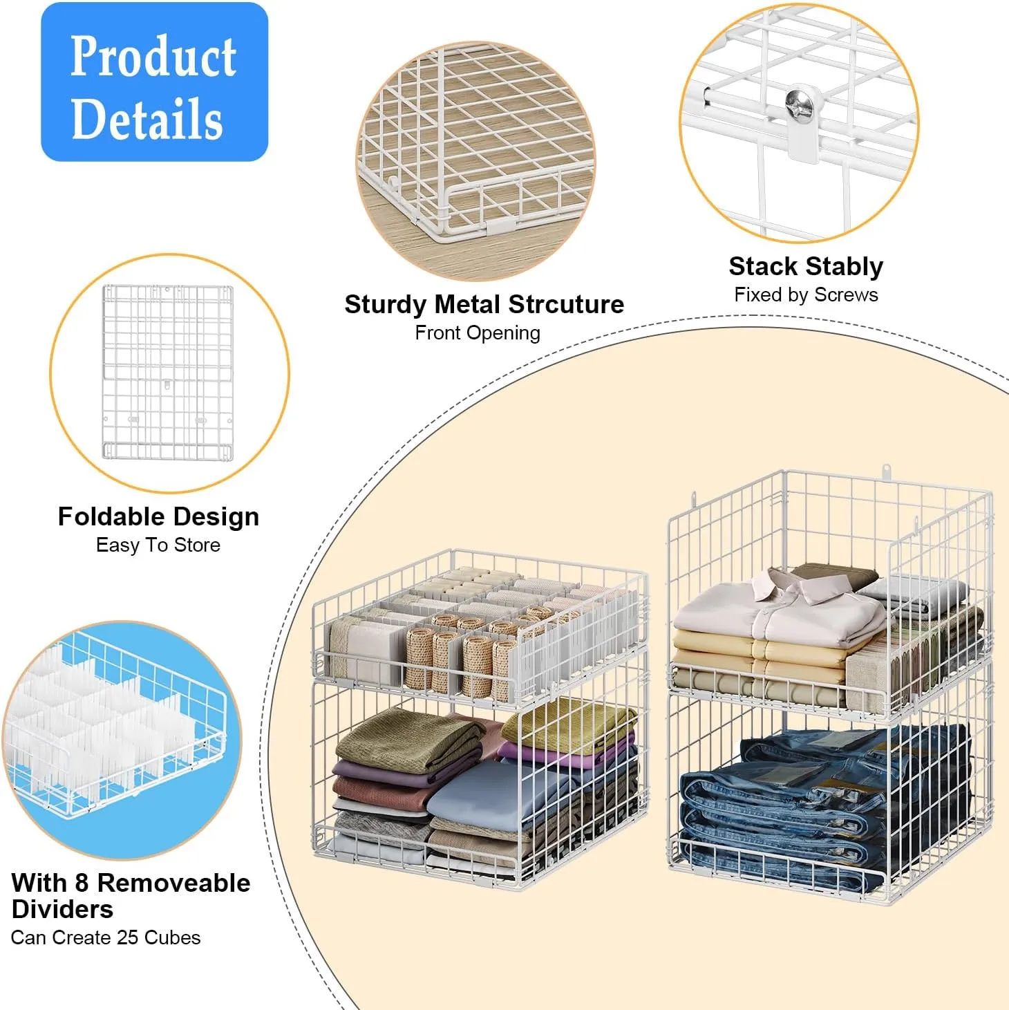 4 Tier Closet Organizers and Storage Shelves, Collapsible Stackable Storage Drawers Organizer Shelf Bins Baskets Containers for Truck Camper RV Closet Cupboard Wardrobe,Narrow, Sturdy Metal Frame