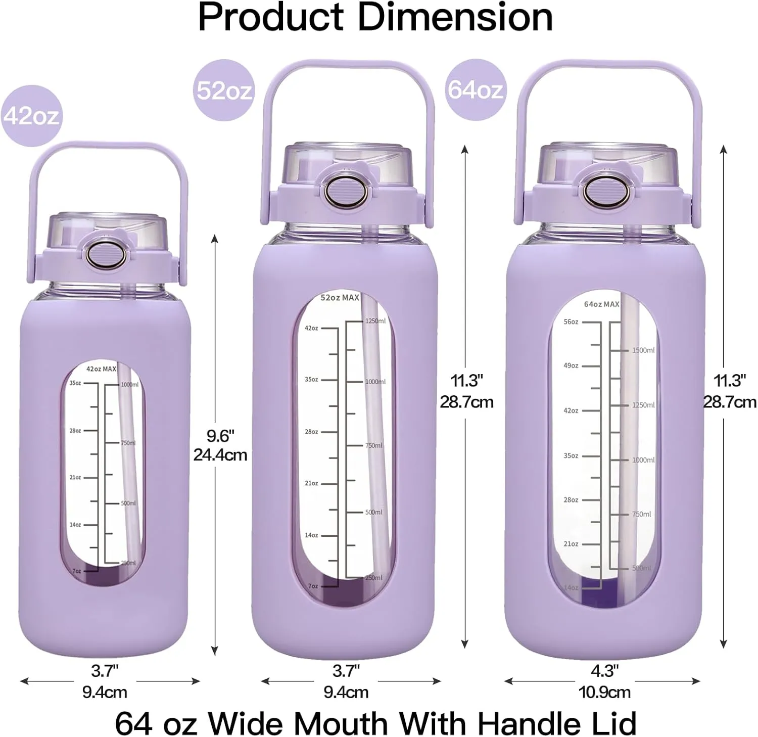 42oz/52oz/64oz Glass Water Bolttles with Straw Half Gallon Large Motivational Water Bottle with Time Marker Sports Water Bottles with Silicone Sleeve and Handle Lid Water Jug for Gym Workout