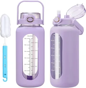 42oz/52oz/64oz Glass Water Bolttles with Straw Half Gallon Large Motivational Water Bottle with Time Marker Sports Water Bottles with Silicone Sleeve and Handle Lid Water Jug for Gym Workout