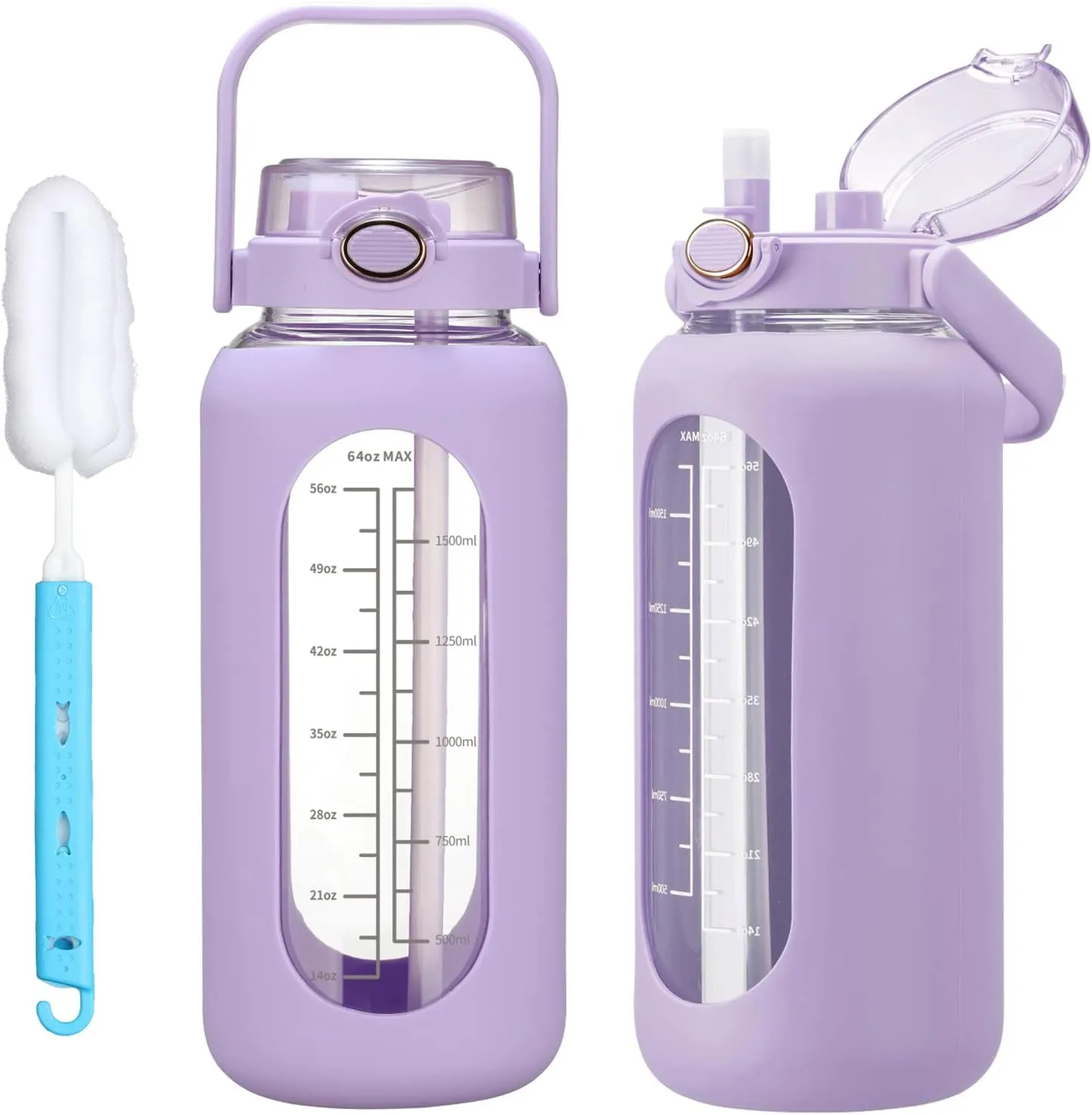 42oz/52oz/64oz Glass Water Bolttles with Straw Half Gallon Large Motivational Water Bottle with Time Marker Sports Water Bottles with Silicone Sleeve and Handle Lid Water Jug for Gym Workout