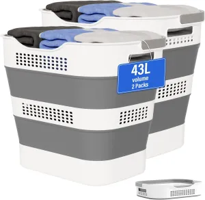 43L 43L Collapsible Laundry Baskets plastic, Pop Up Laundry hamper/Storage Container, Foldable Laundry Basket with Handles, Durable,Space Saver (Grey, 2 Packs)