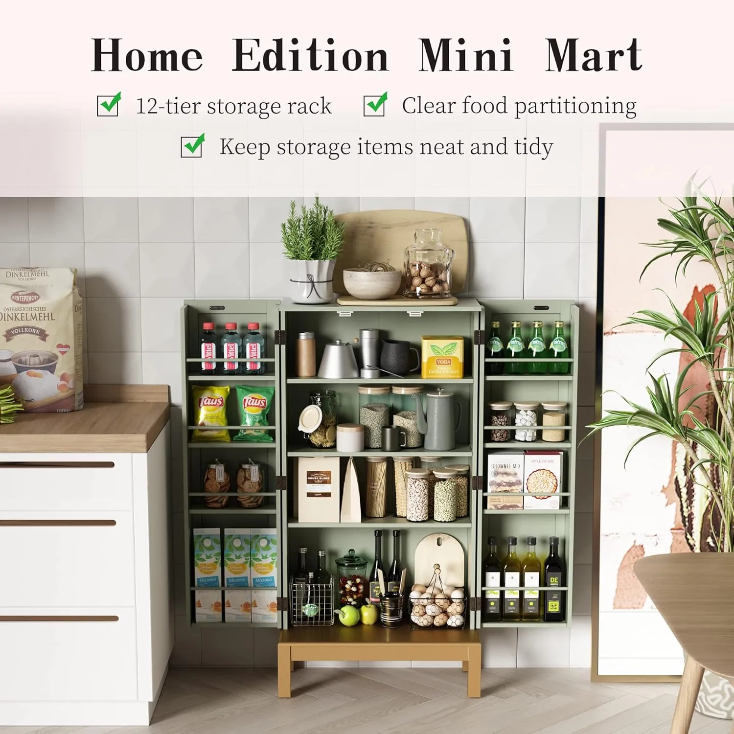 45'' Kitchen Food Pantry Storage Cabinet with Doors and Adjustable Shelves for Kitchen,Dining Room,Living Room and Garage,Gold Lines and Legs,Green.