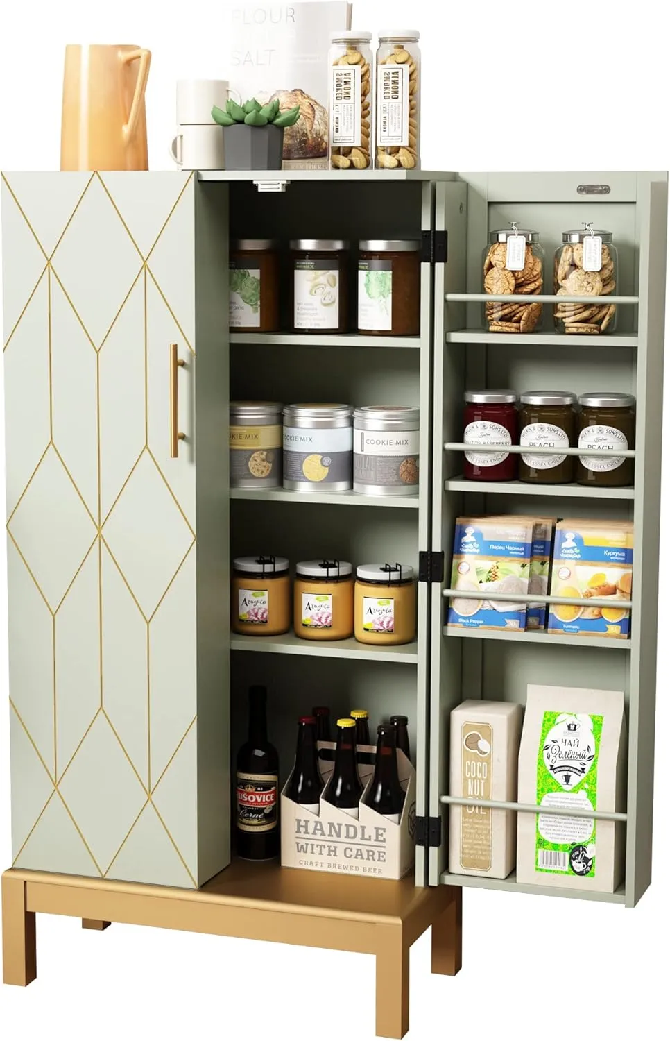 45'' Kitchen Food Pantry Storage Cabinet with Doors and Adjustable Shelves for Kitchen,Dining Room,Living Room and Garage,Gold Lines and Legs,Green.