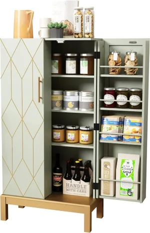 45'' Kitchen Food Pantry Storage Cabinet with Doors and Adjustable Shelves for Kitchen,Dining Room,Living Room and Garage,Gold Lines and Legs,Green.