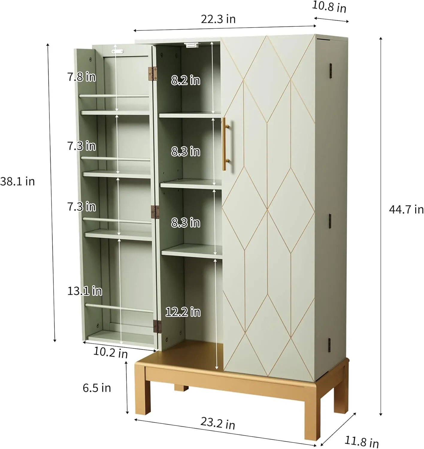 45'' Kitchen Food Pantry Storage Cabinet with Doors and Adjustable Shelves for Kitchen,Dining Room,Living Room and Garage,Gold Lines and Legs,Green.
