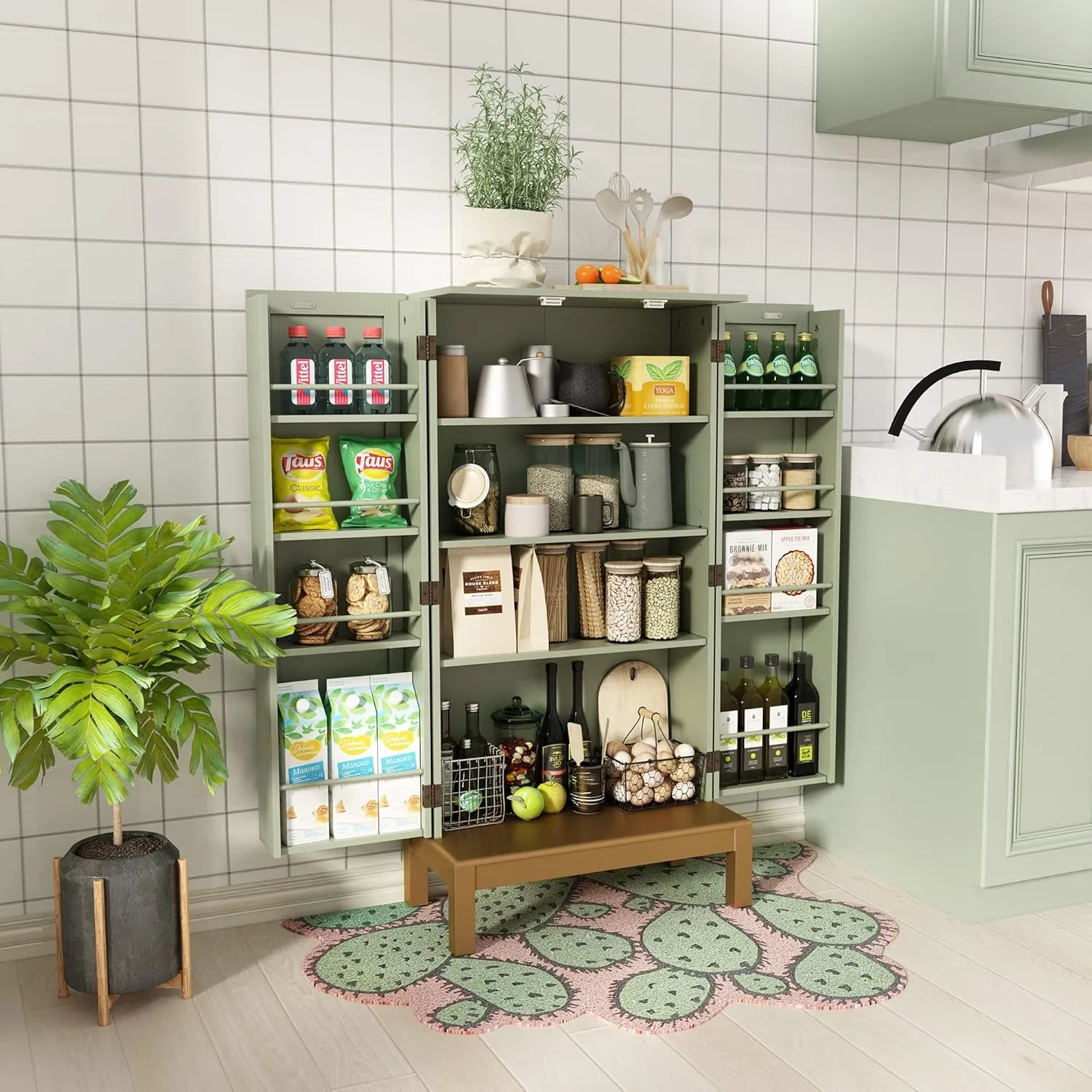 45'' Kitchen Food Pantry Storage Cabinet with Doors and Adjustable Shelves for Kitchen,Dining Room,Living Room and Garage,Gold Lines and Legs,Green.