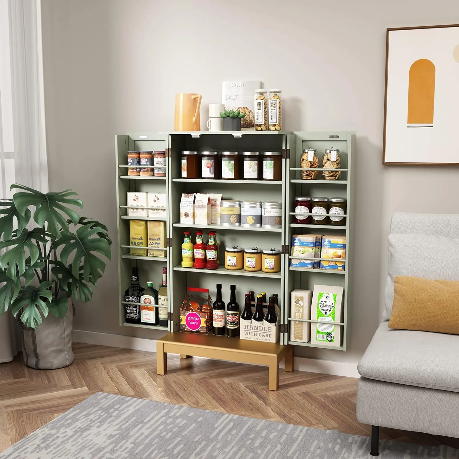 45'' Kitchen Food Pantry Storage Cabinet with Doors and Adjustable Shelves for Kitchen,Dining Room,Living Room and Garage,Gold Lines and Legs,Green.