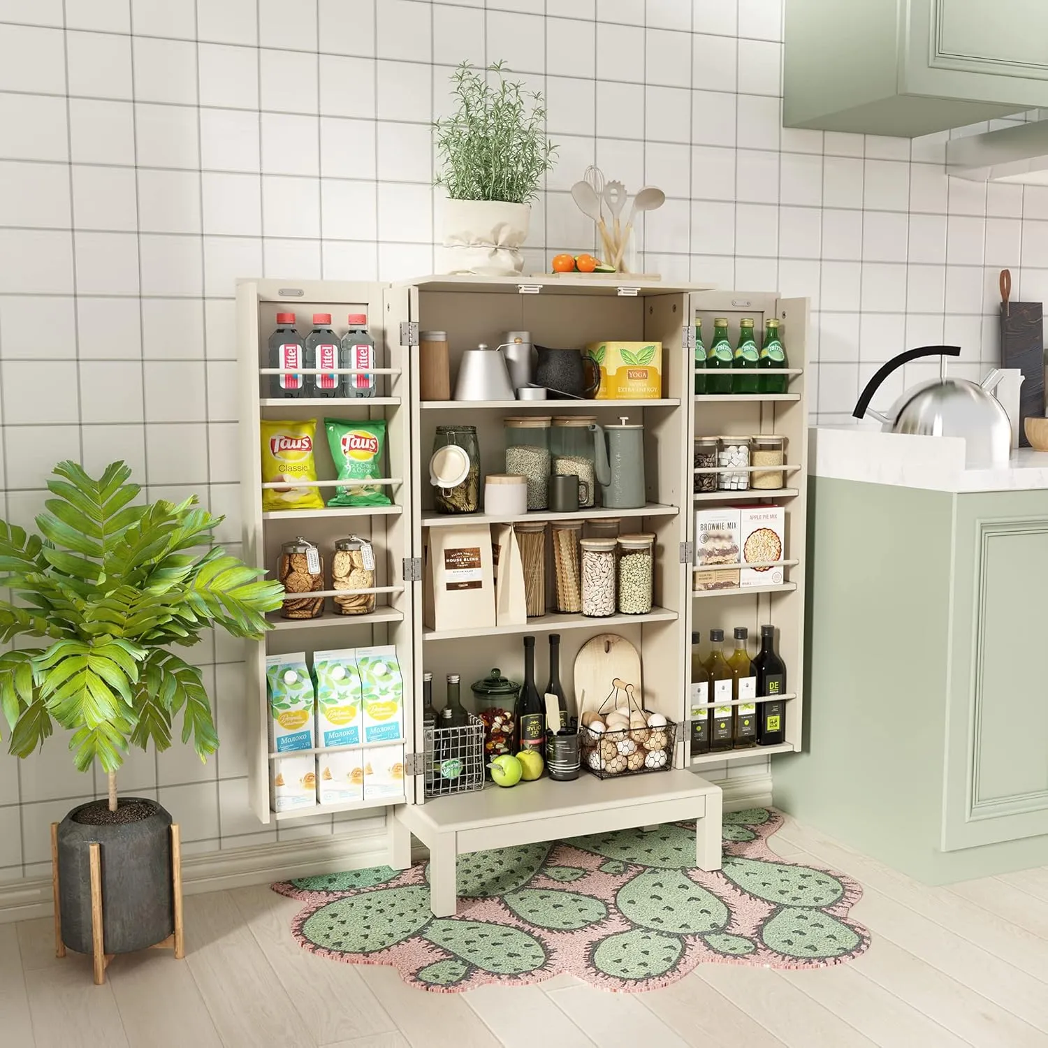 45'' Kitchen Pantry Cabinet, Storage Cabinet with Doors and Adjustable Shelves, Food Pantry for Kitchen, Dining Room, Living Room and Garage, White Legs,Ivory White