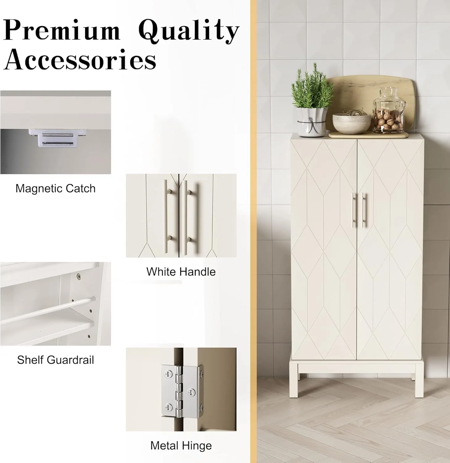 45'' Kitchen Pantry Cabinet, Storage Cabinet with Doors and Adjustable Shelves, Food Pantry for Kitchen, Dining Room, Living Room and Garage, White Legs,Ivory White