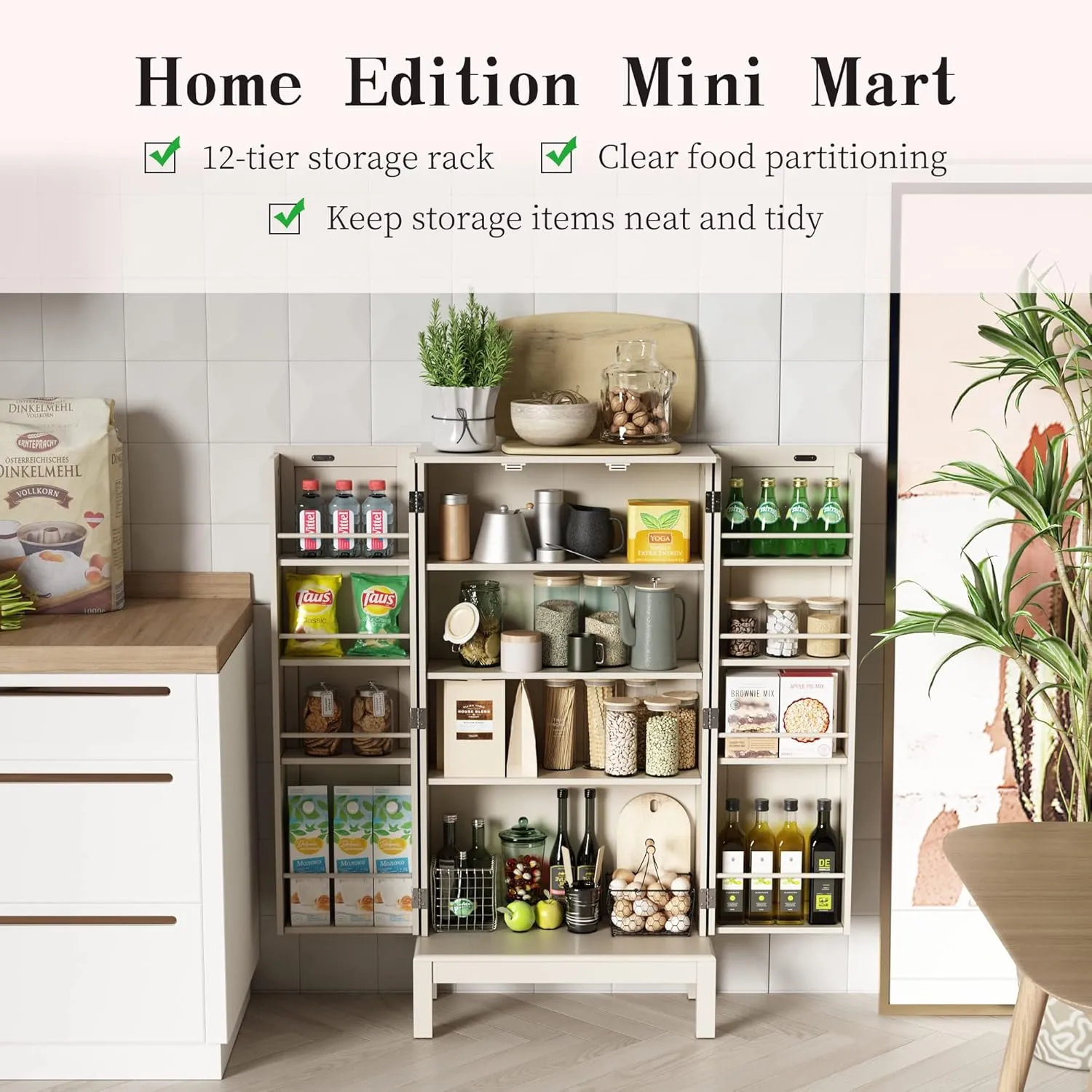 45'' Kitchen Pantry Cabinet, Storage Cabinet with Doors and Adjustable Shelves, Food Pantry for Kitchen, Dining Room, Living Room and Garage, White Legs,Ivory White