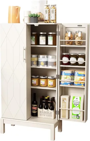 45'' Kitchen Pantry Cabinet, Storage Cabinet with Doors and Adjustable Shelves, Food Pantry for Kitchen, Dining Room, Living Room and Garage, White Legs,Ivory White